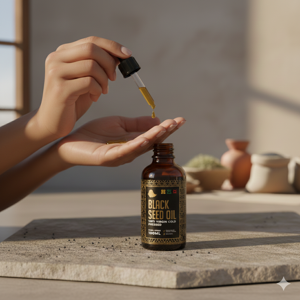 A person performing a daily skincare ritual by dispensing drops of organic Ethiopian Black Seed Oil from a glass dropper onto their palm, set against a natural, minimalist background with Nigella Sativa seeds.
