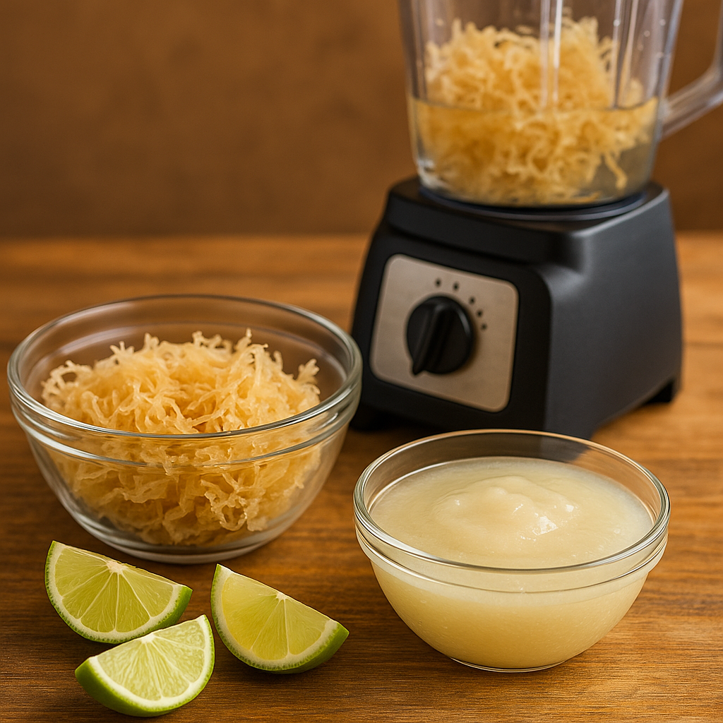 Glass jar of homemade sea moss gel with raw dried sea moss, sliced lime, and a blender on a kitchen countertop in natural light