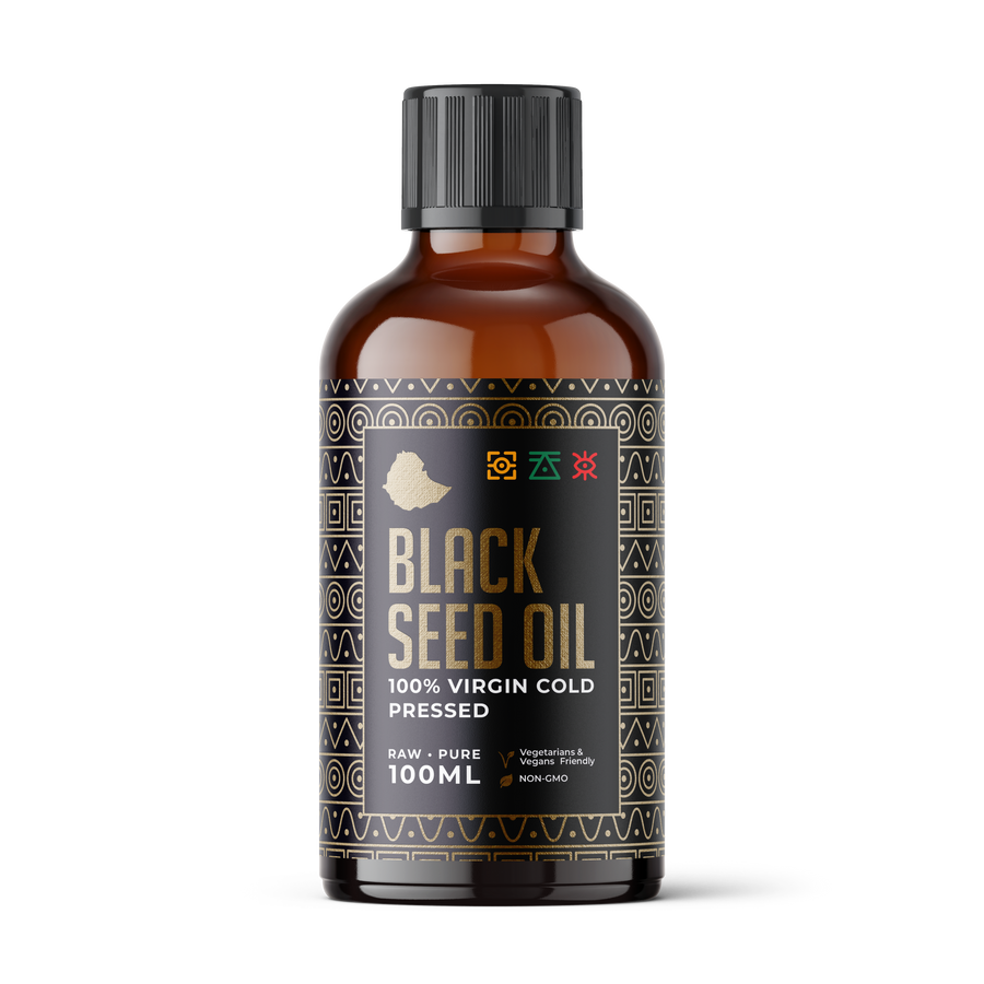 Ethiopian Black Seed Oil – cold-pressed Nigella Sativa with 2.5% thymoquinone for hair, skin, and immune wellness support.